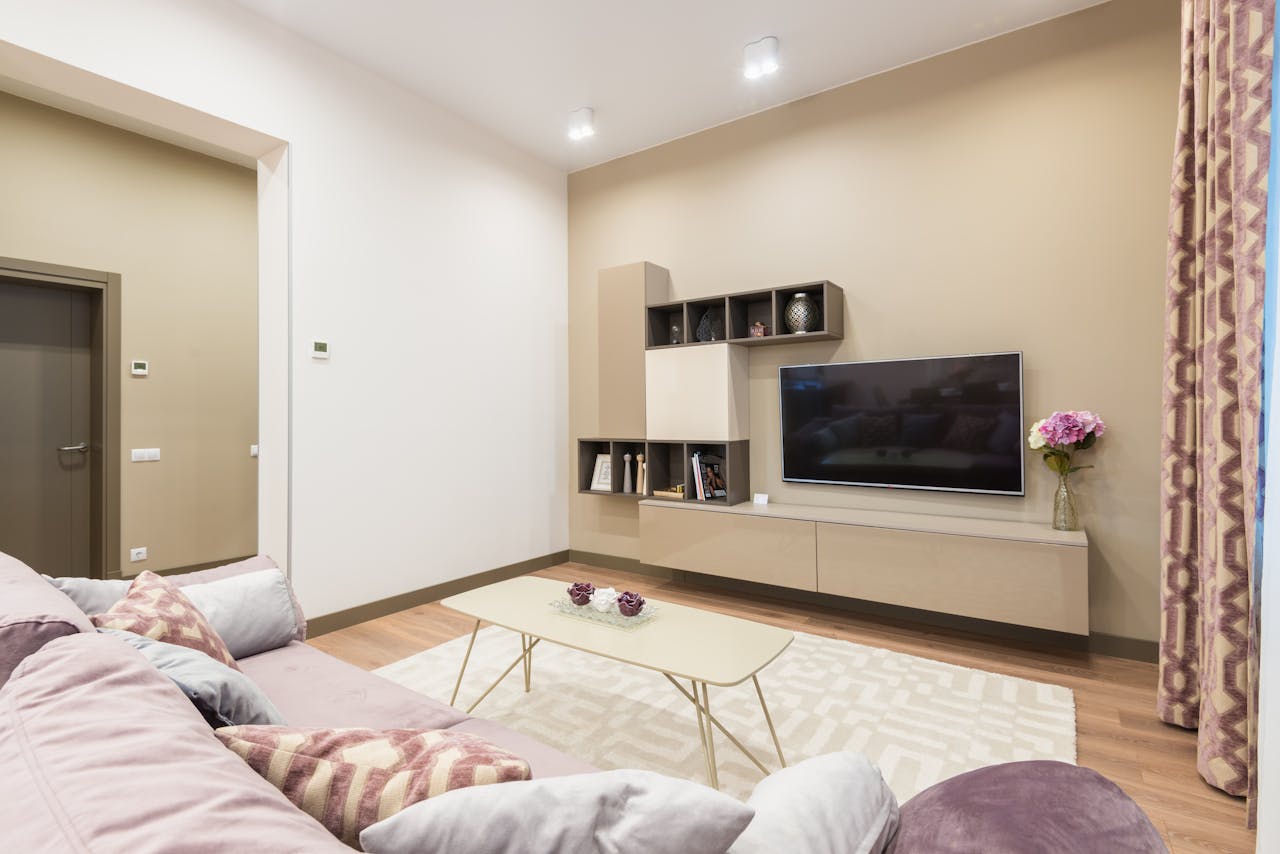 Stylish and comfortable modern living room interior with a cozy ambiance.